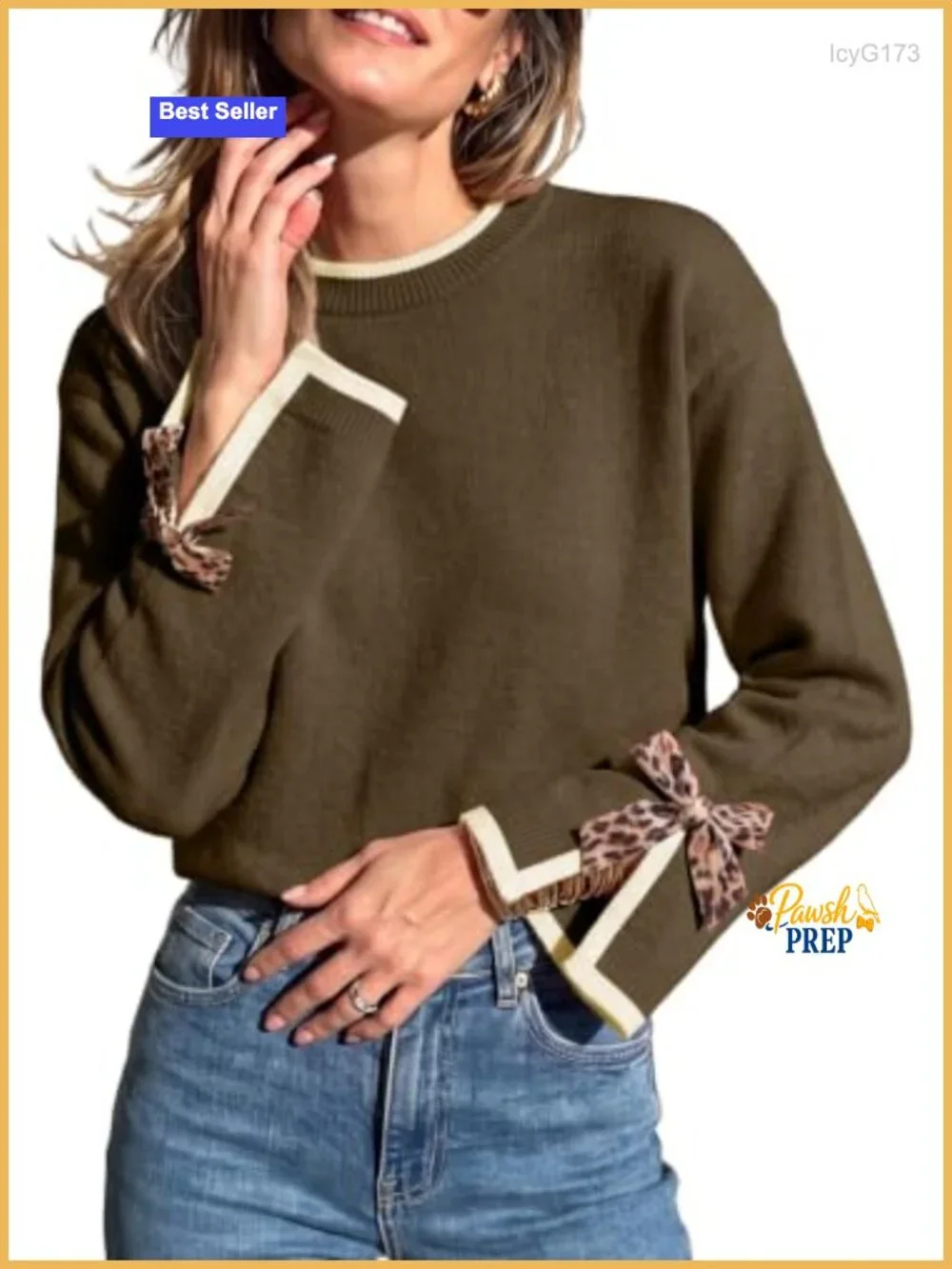 Womens Leopard Print Bow Long Sleeve Knit Pullover Sweater Fall Tops Loose Fit